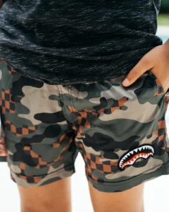 KIDS CAMO CHECKERED SWIM TRUNKS